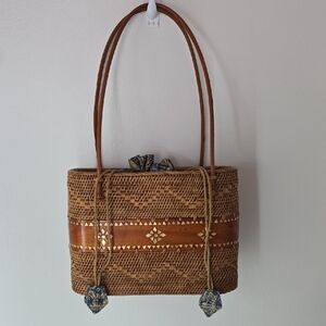 Vintage Wicker Wood Basket Purse Bag Boho